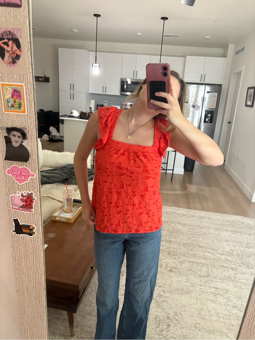LC Lauren Conrad Coral Red Textured Ruffle Square-Neck Tank